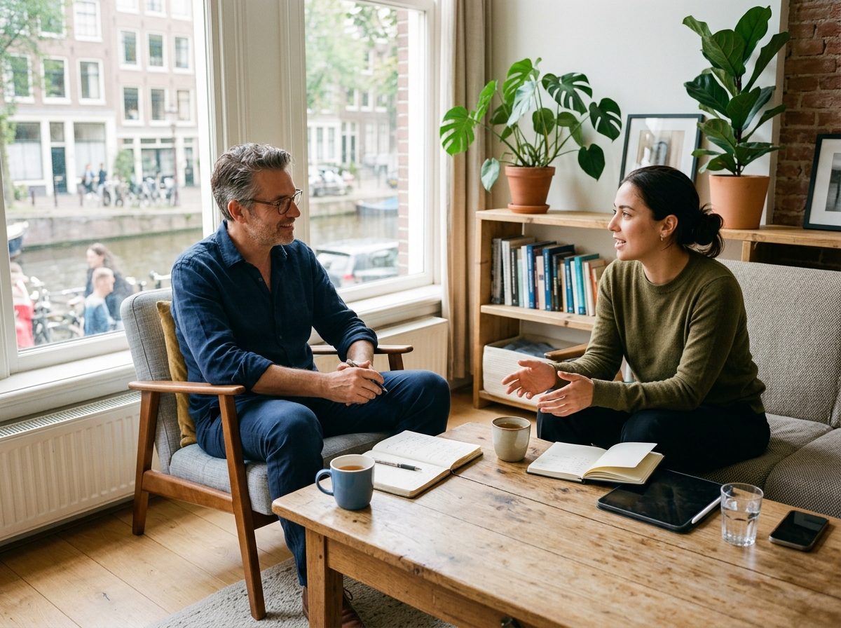 1-op-1 coachingsgesprek in lichte Amsterdamse studio met uitzicht op de gracht